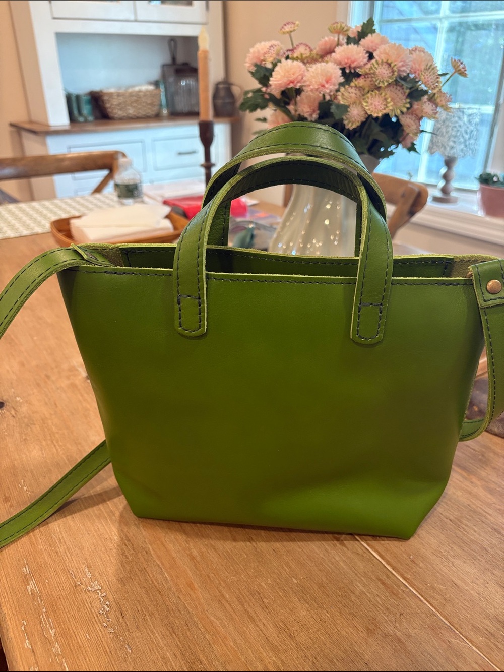 Portland Leather Green Leather crossbody Tote Bag with Front Pocket - Picture 2 of 6